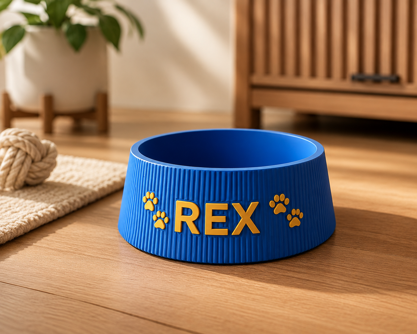 Personalized 3D printed blue pet bowl with "REX" name and paw print design.
