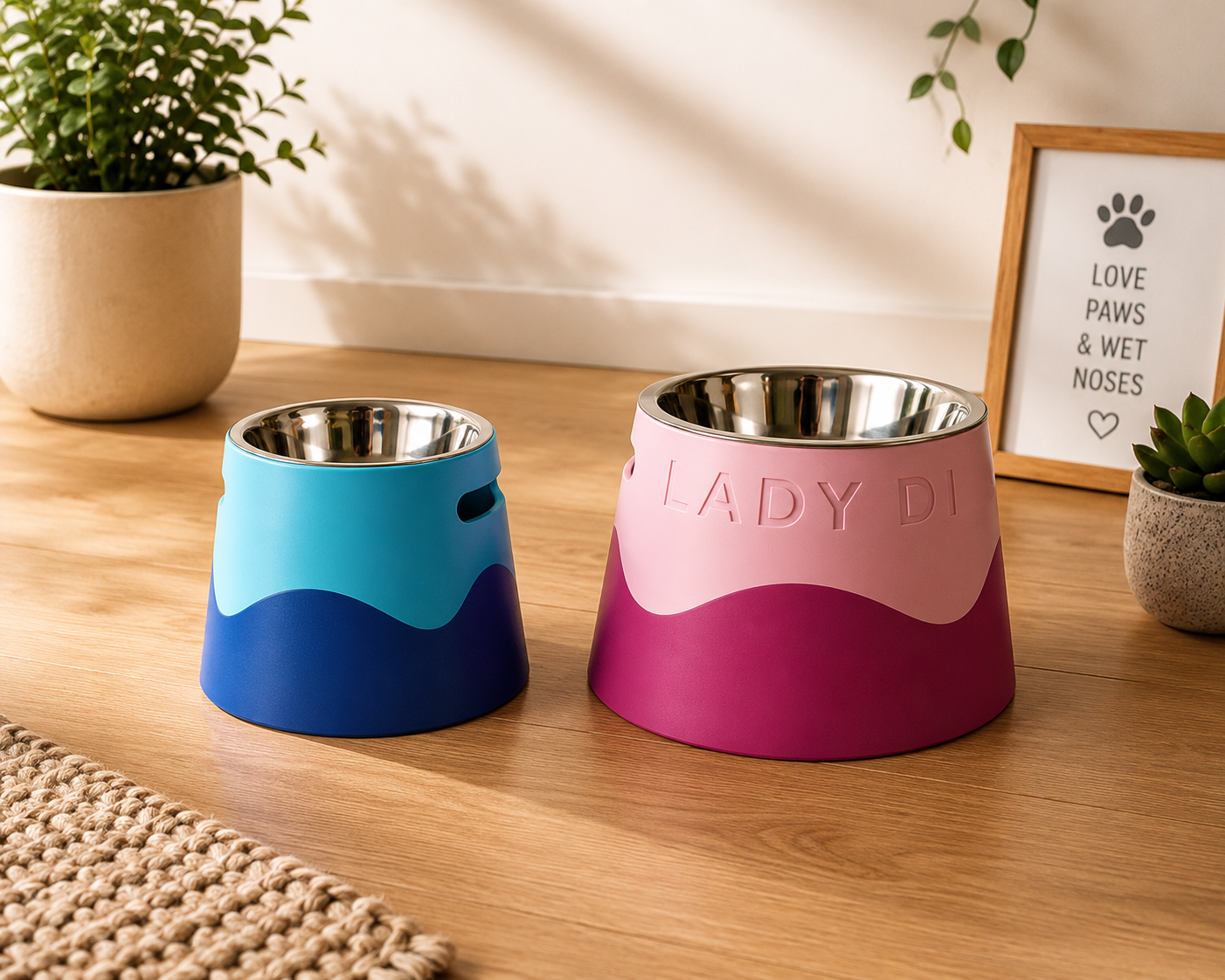 Personalized 3D printed pet bowls in blue and pink, showcasing custom design options.