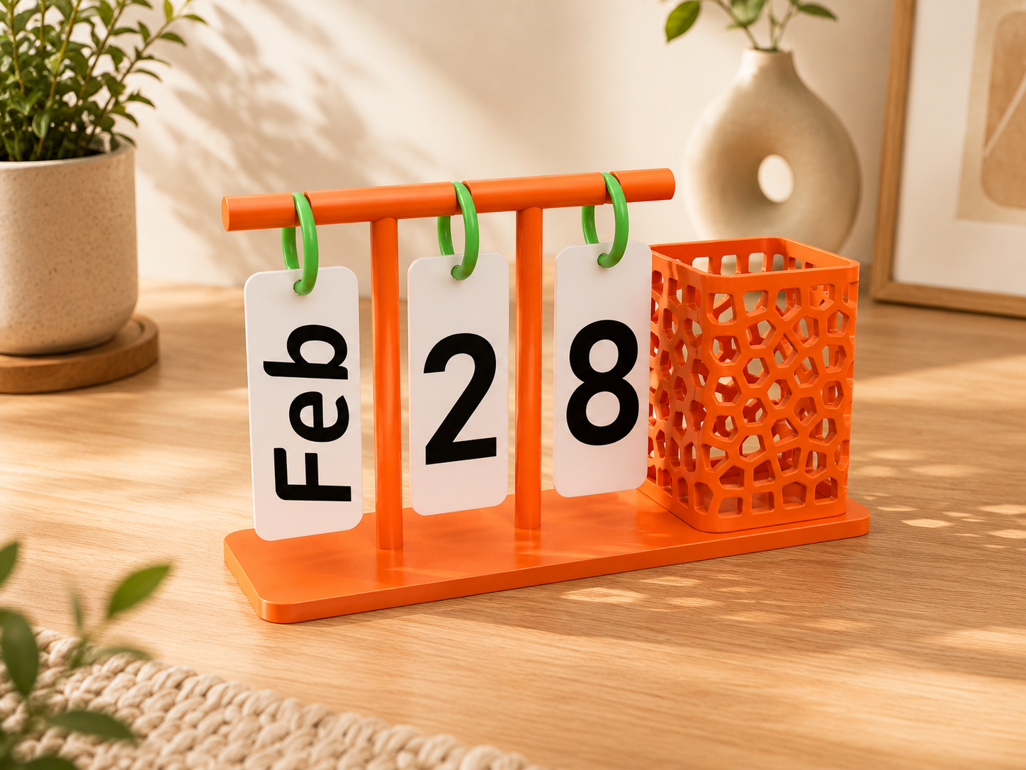 Personalized perpetual desk calendar with 3D-printed holder and changeable date cards.