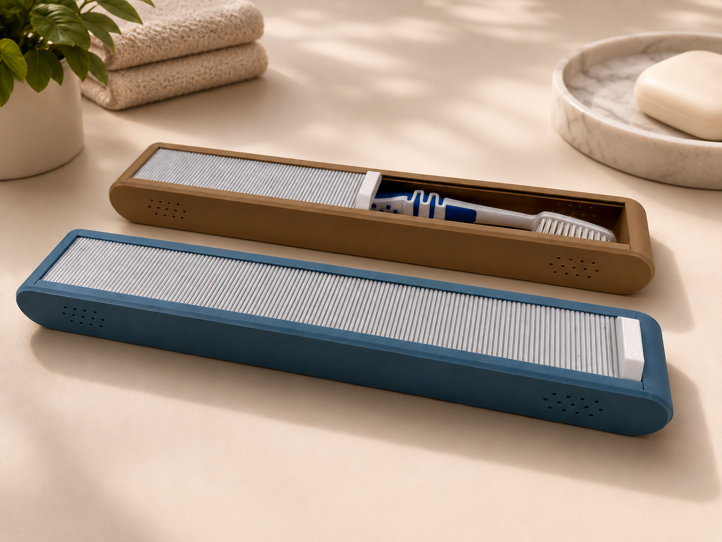 3D-printed travel toothbrush case with ventilated design, brown and blue color options.