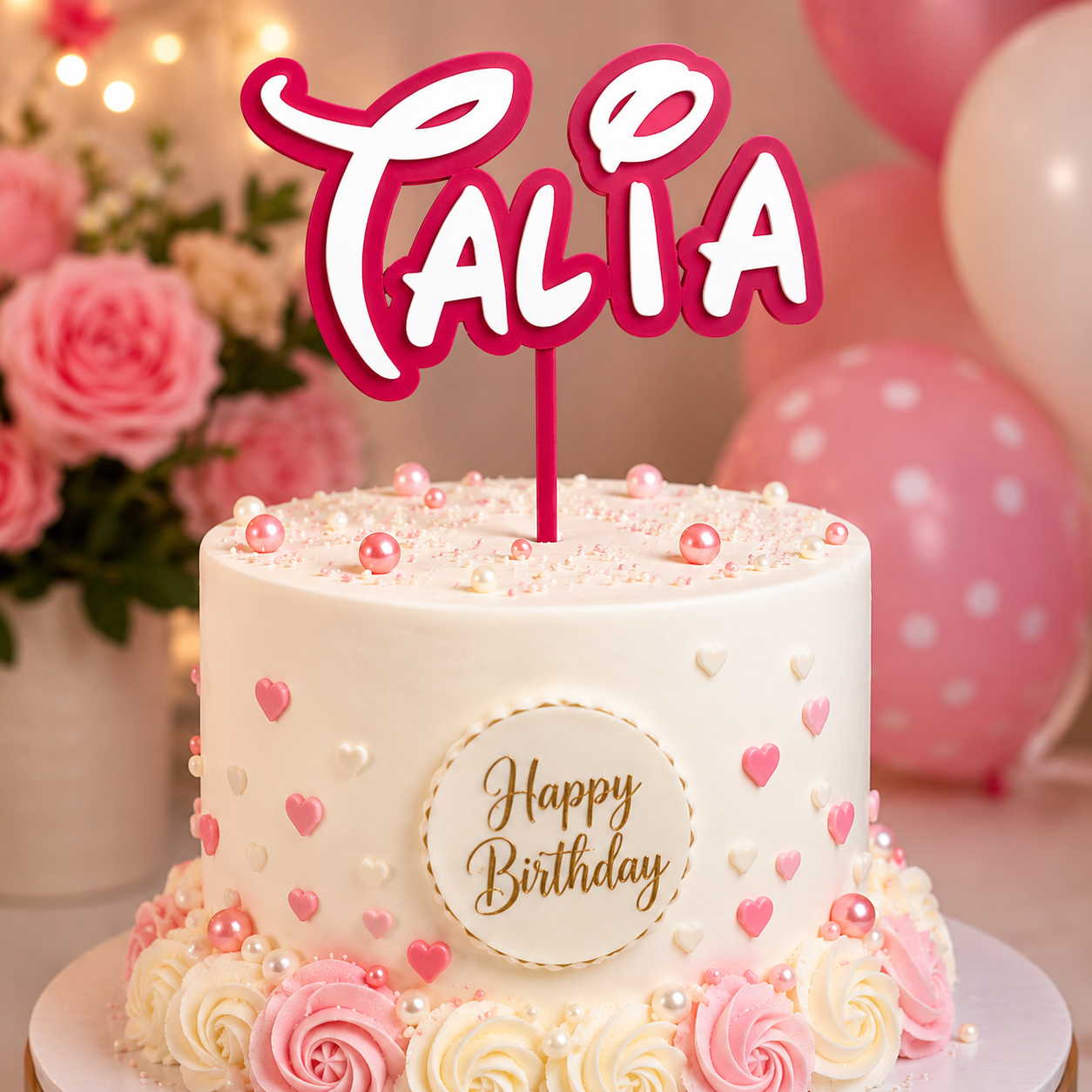 Personalized layered name cake topper with "TALIA" on a decorated cake, perfect for birthdays and