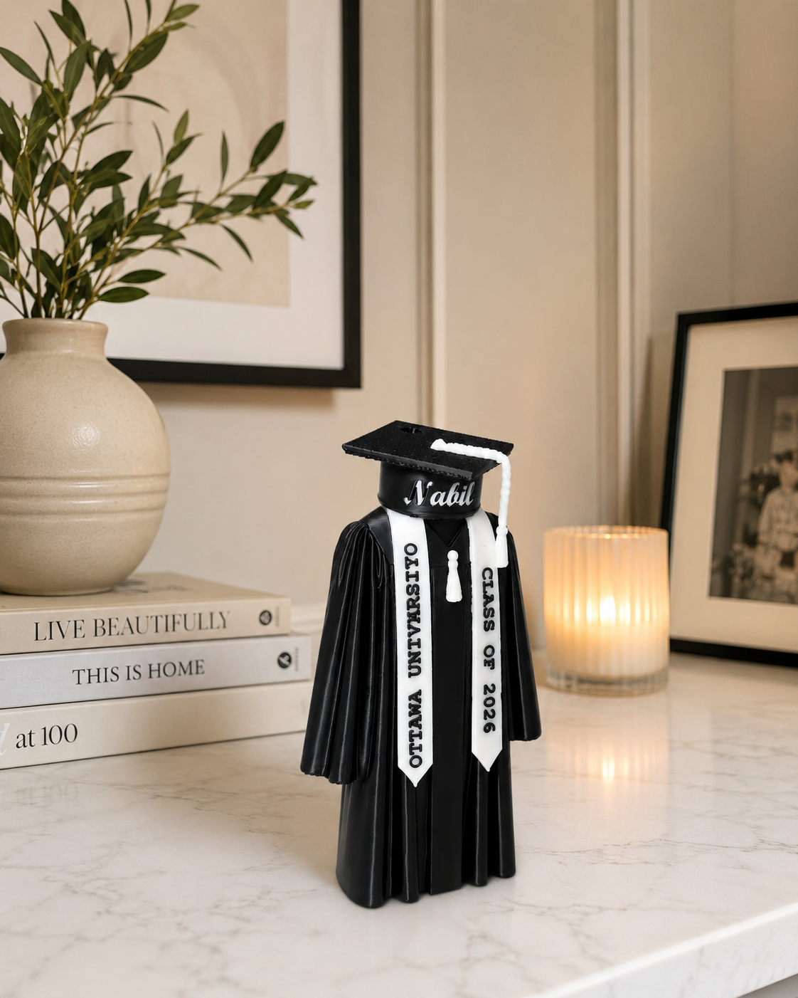Personalized graduation figurine with name and university details, 3D printed keepsake from Forjolie in Dubai.