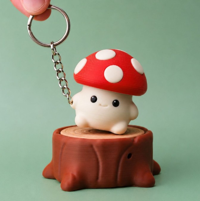 Mushroom Clicker Keychain, 3D printed PLA charm with metal keychain ring, cute woodland design.