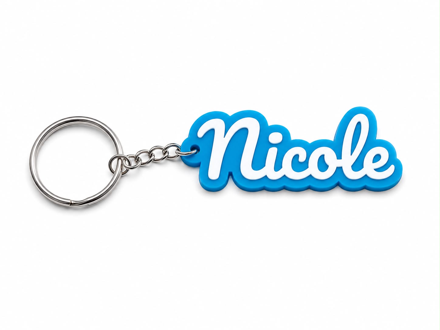 Personalized script name keychain with blue lettering and keyring, 3D printed in Dubai.