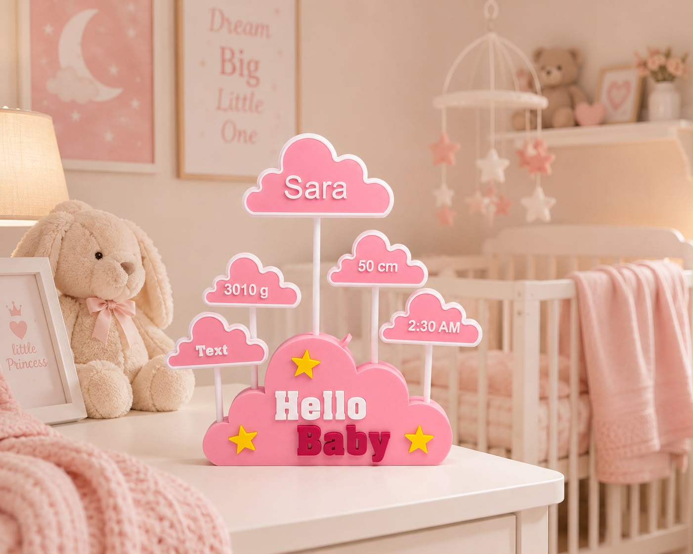 Personalized Cloud Style Birth Stats Plaque with baby's name, date, weight, and time, 3D printed