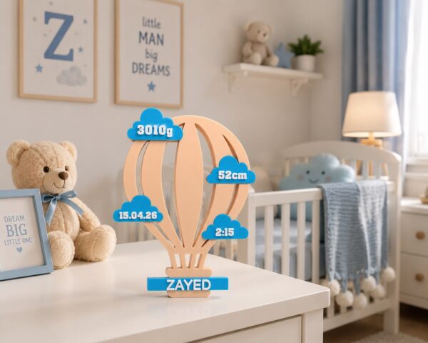 Personalized hot air balloon birth stats plaque with baby's name and details, 3D printed in