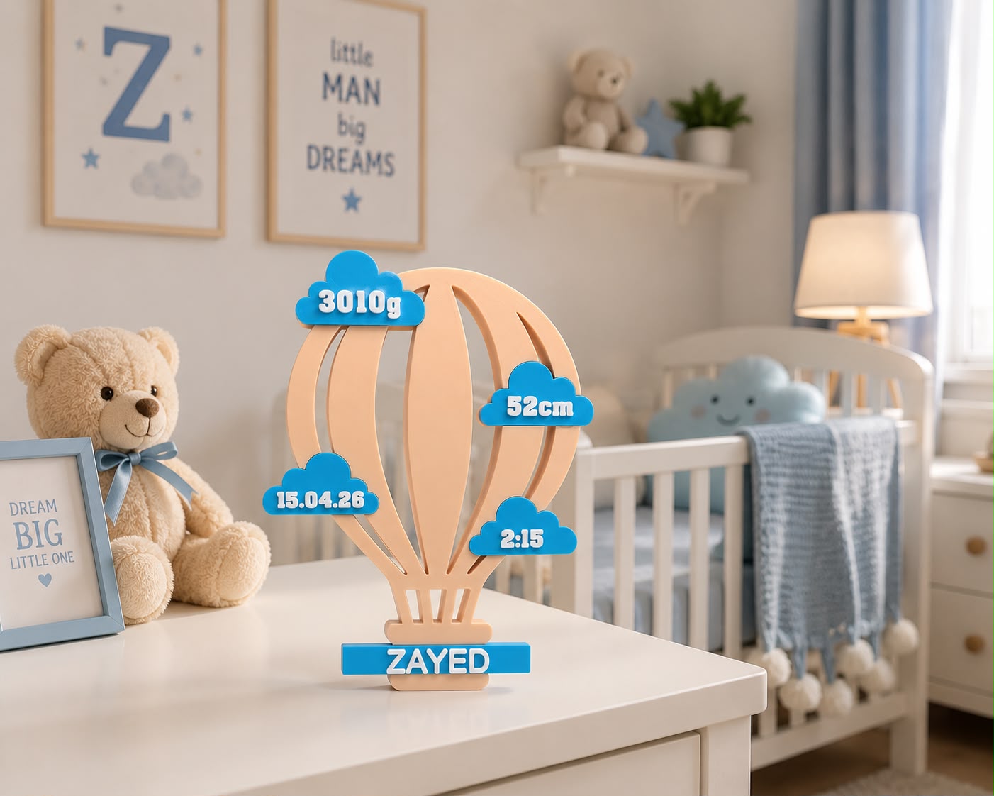 Personalized hot air balloon birth stats plaque with baby's name and details, 3D printed in