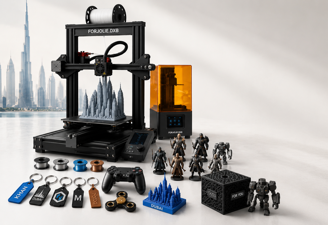 3D printer creating personalized gifts and accessories in Dubai, showcasing figurines, keychains, and gaming accessories.