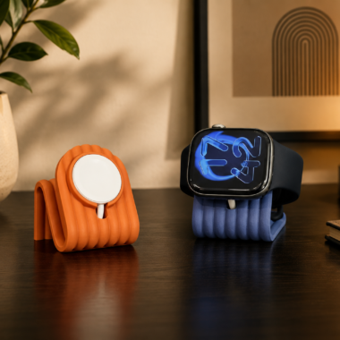 MagSafe charging stand and smartwatch, 3D-printed accessories by Forjolie in Dubai.