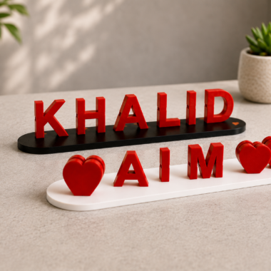 Personalized name sign with red letters and heart details, Forjolie custom gift from Dubai.