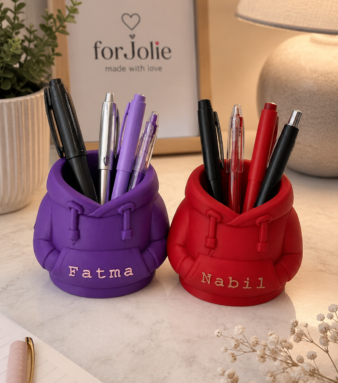 Personalized Hoodie Pen Holder with custom name, Forjolie.dxb desk accessory from Dubai.