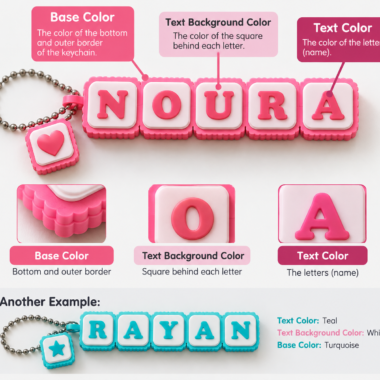 Pink 3D printed clicker name keycap keychain spelling a custom name with heart charm, showing customizable base, background and text colors - Forjolie.dxb