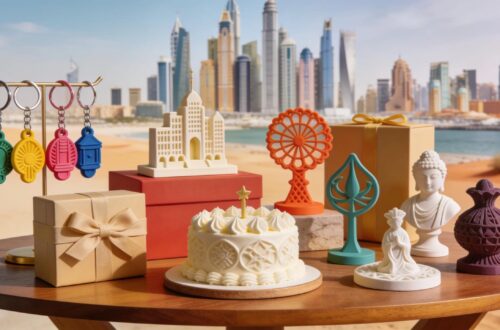 Custom 3D printed keychains and cake toppers displayed against a Dubai background, highlighting unique gift personalization