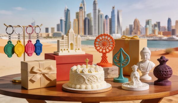 Custom 3D printed keychains and cake toppers displayed against a Dubai background, highlighting unique gift personalization
