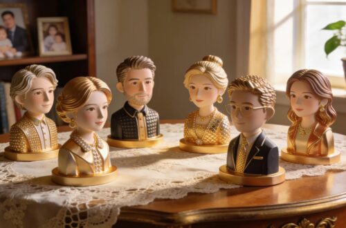 Personalized 3D figurines displayed in a cozy setting, showcasing craftsmanship and unique features