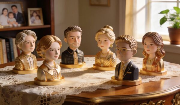 Personalized 3D figurines displayed in a cozy setting, showcasing craftsmanship and unique features