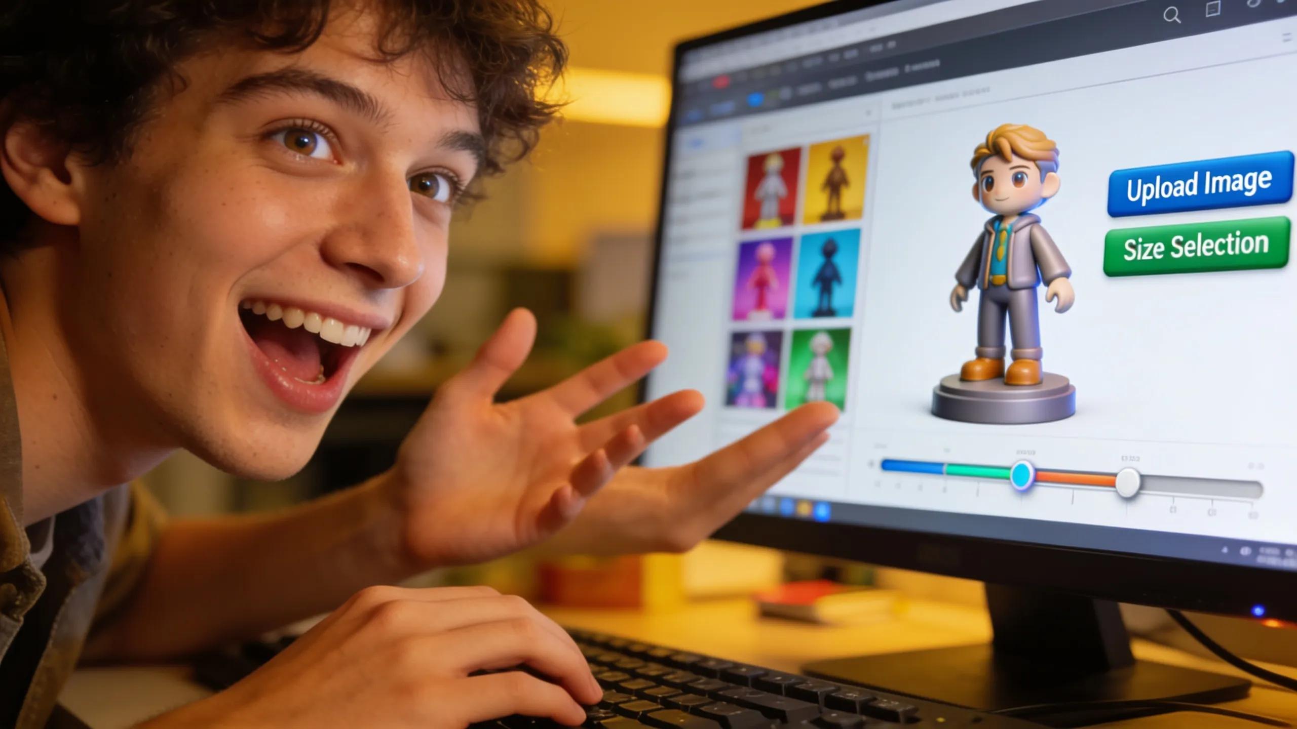 User customizing 3D figurines on a computer, highlighting engagement with personalization features
