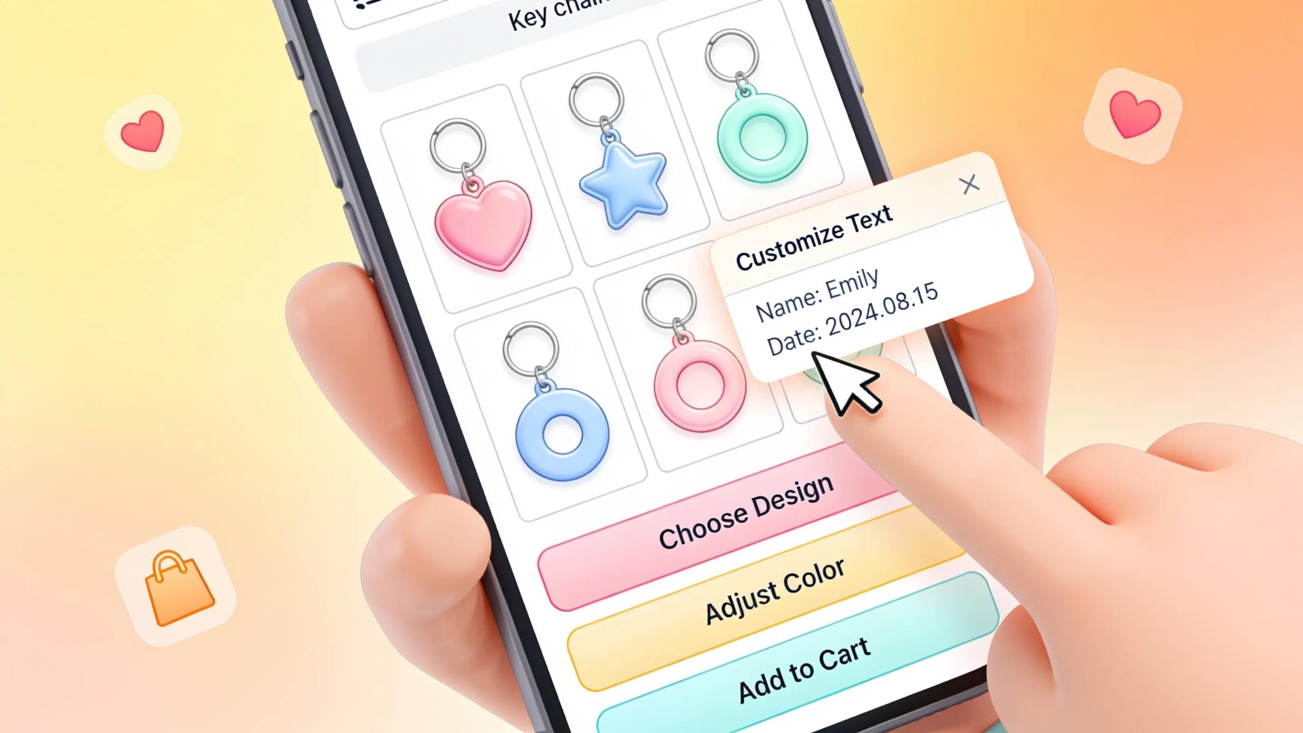 Illustration of an easy online ordering process for custom keychains with a user-friendly interface