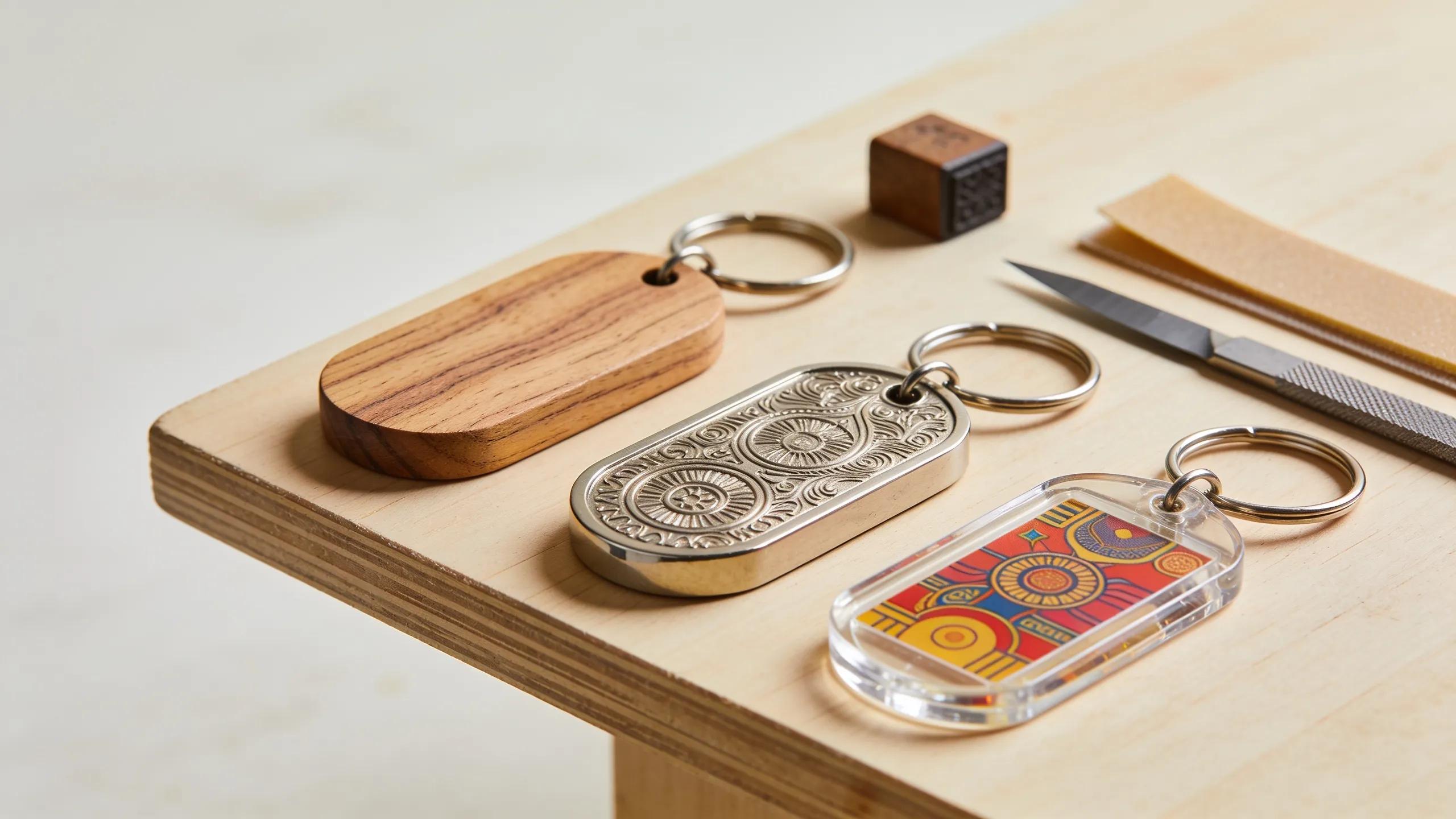 Showcase of materials for personalized keychains, highlighting acrylic, metal, and wood options