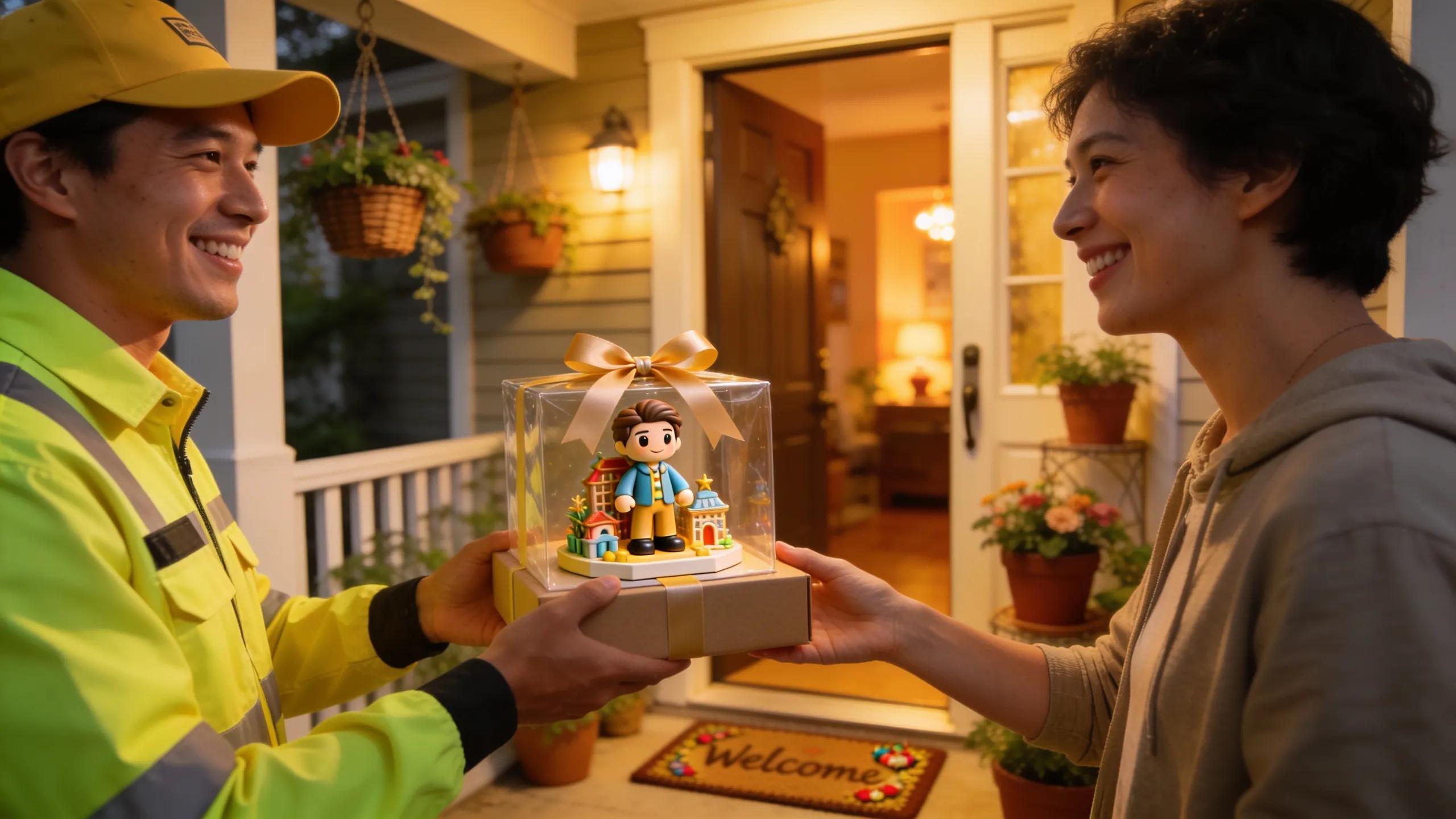 Delivery of a personalized 3D figurine to a customer, capturing a moment of joy and surprise