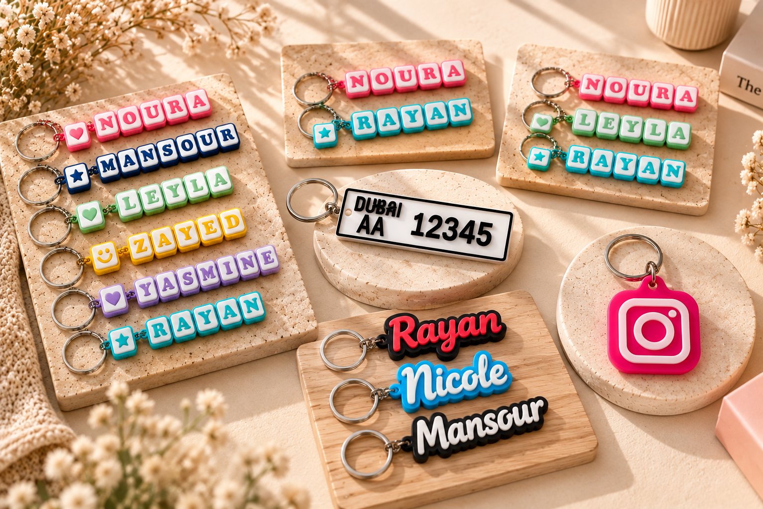 Flat lay of Forjolie personalized keychains including a UAE-style license plate keychain, an Instagram NFC tag keychain, and custom wood name keychains reading Nicole and Maroun