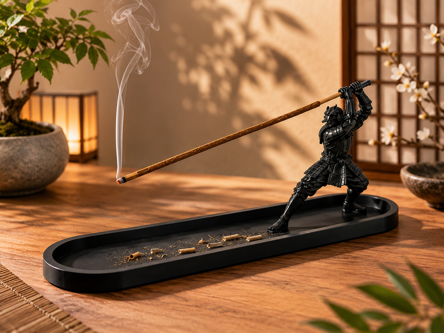 3D printed Samurai incense holder with burning incense, ash tray, and decorative elements.