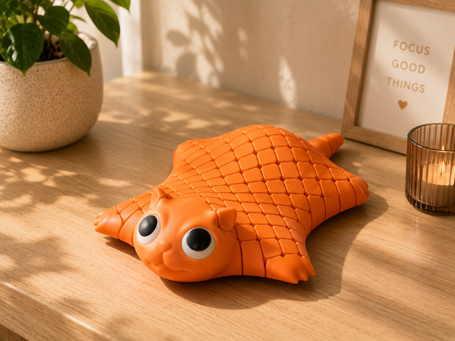 Orange Flexi Stingray fidget toy, articulated 3D printed sea creature design
