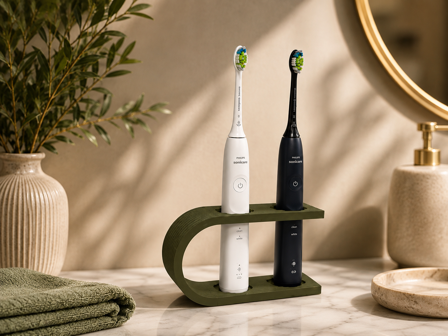 Modern Wave Toothbrush Holder displaying two electric toothbrushes, 3D printed design in Dubai.