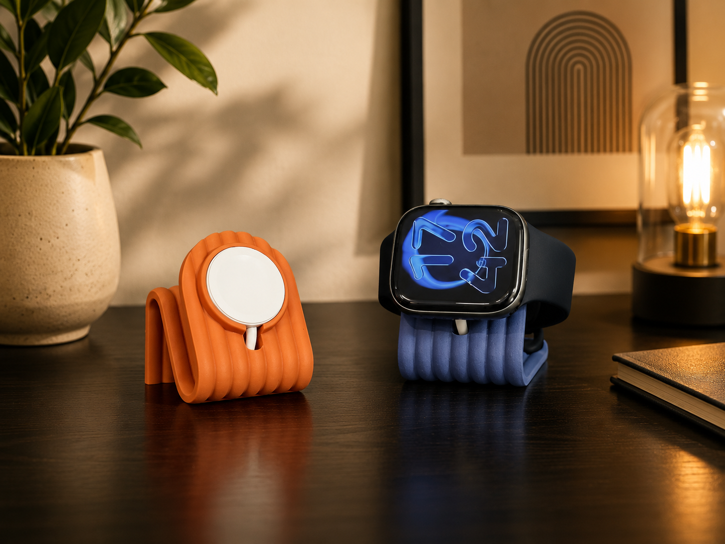 3D printed MagSafe charging stand and Apple Watch organizer for desk or bedside table.