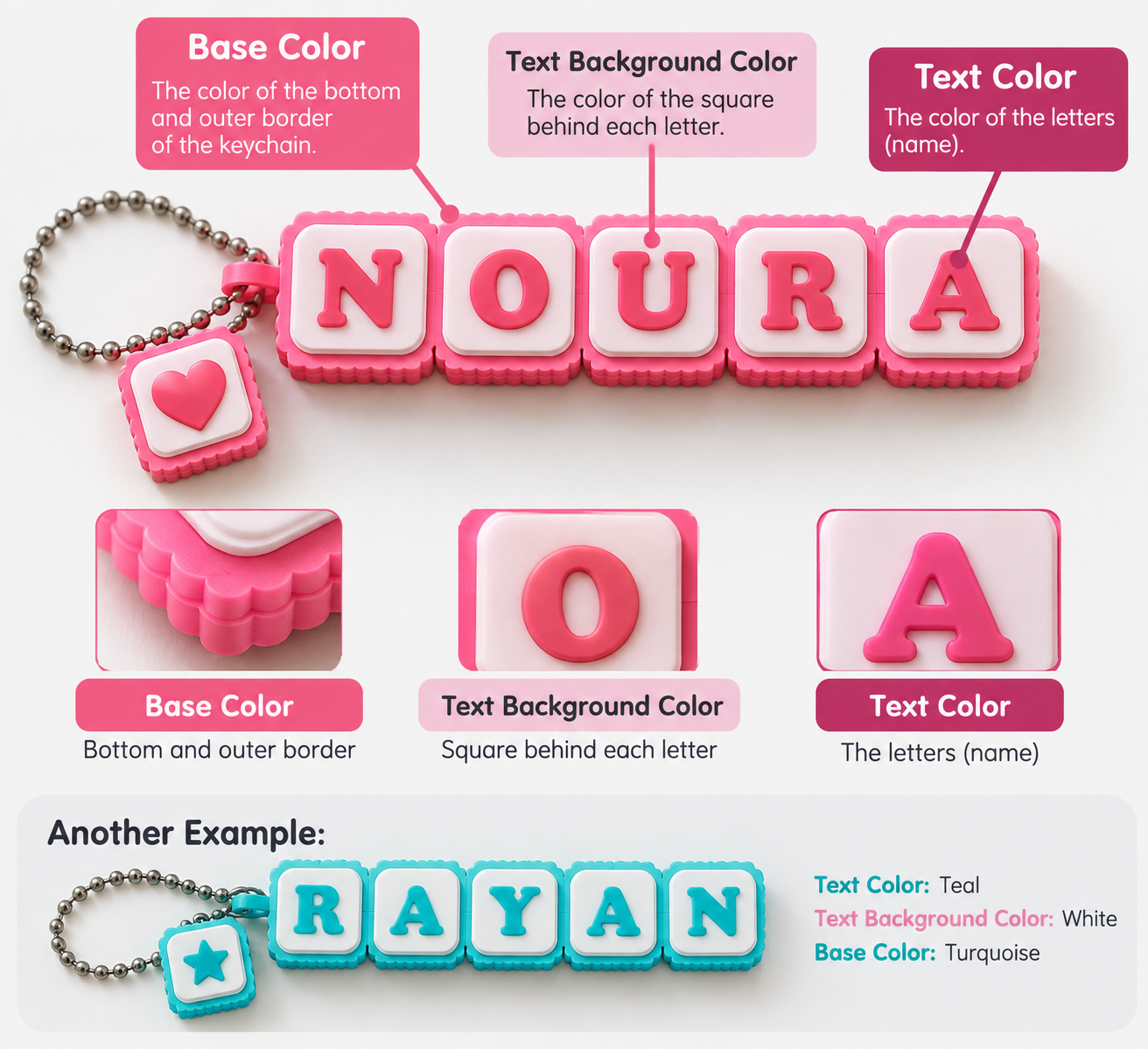 Pink 3D printed clicker name keycap keychain spelling a custom name with heart charm, showing customizable base, background and text colors - Forjolie.dxb