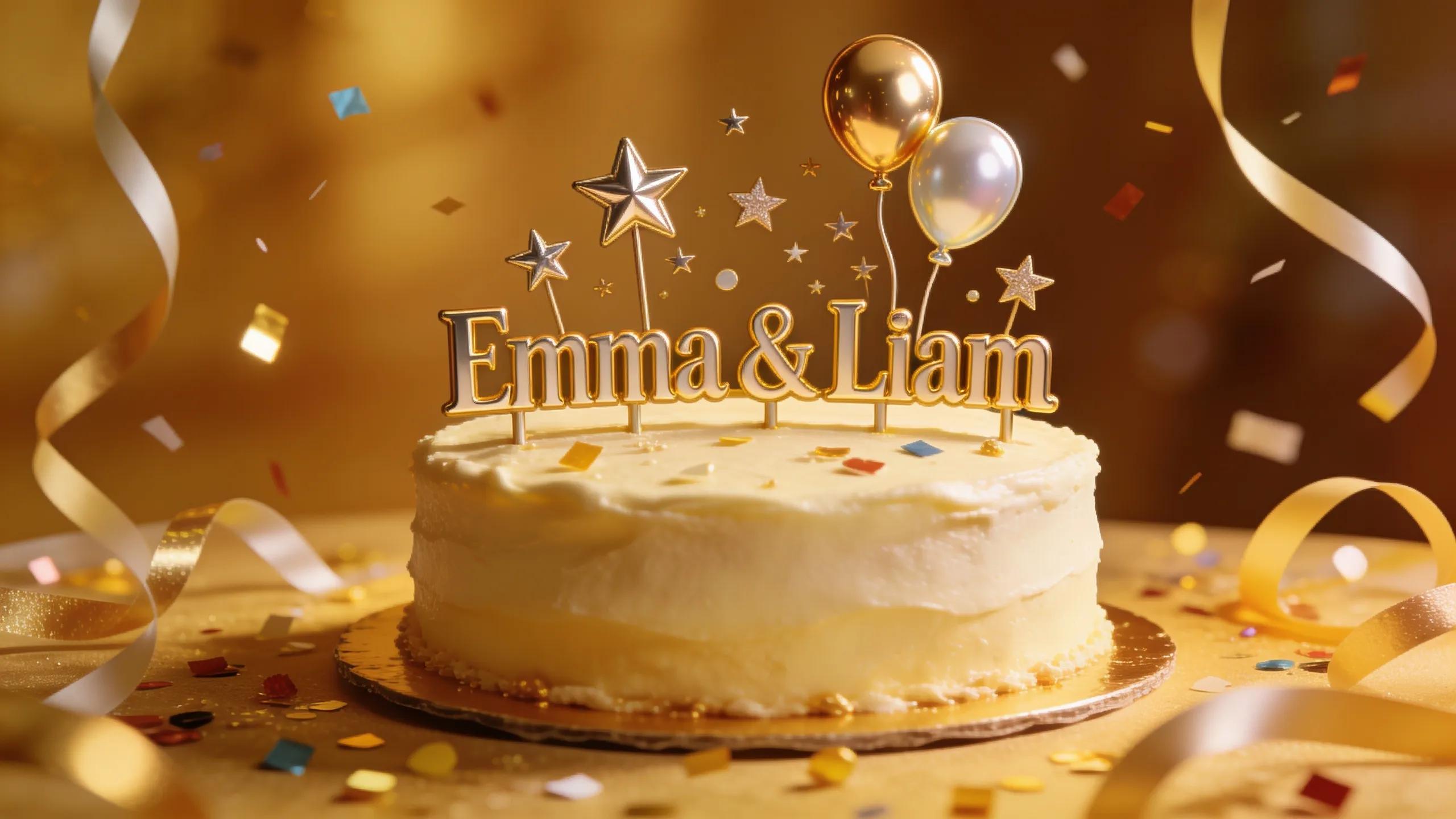 Elegant personalized 3D printed cake toppers on a beautifully decorated birthday cake, showcasing customization for celebrations