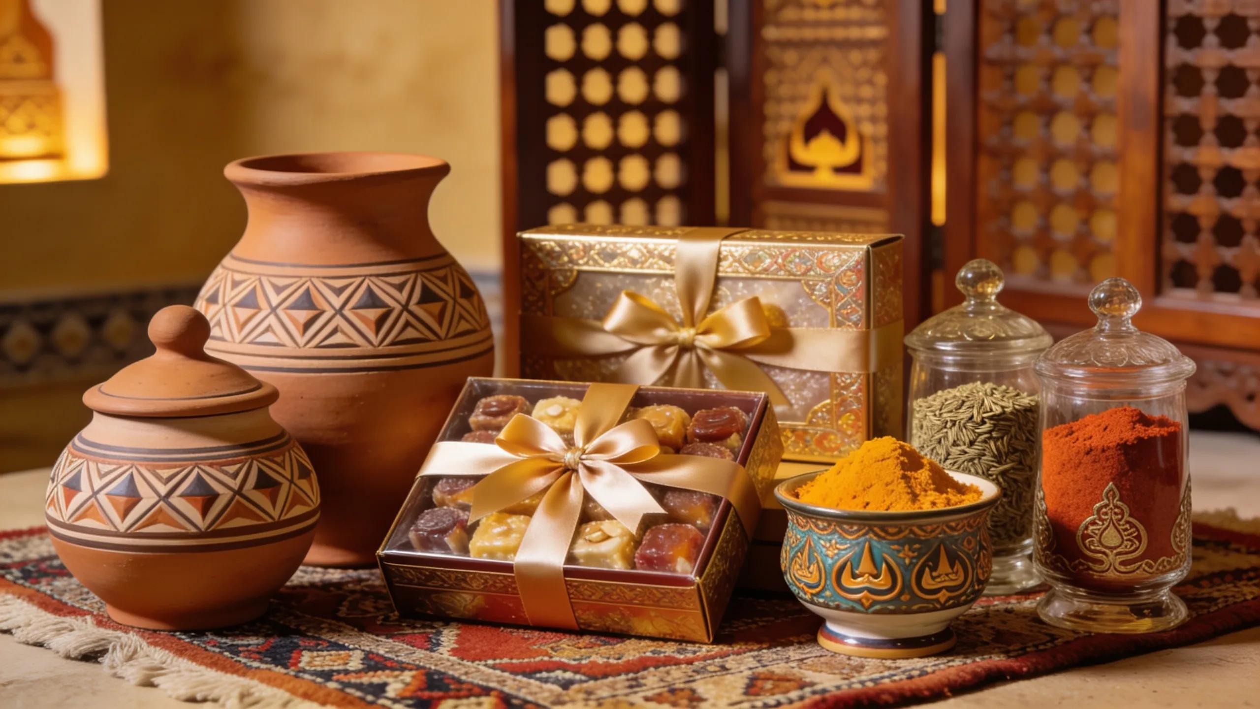 Traditional gifts including handmade pottery and sweets, representing cultural authenticity in Dubai
