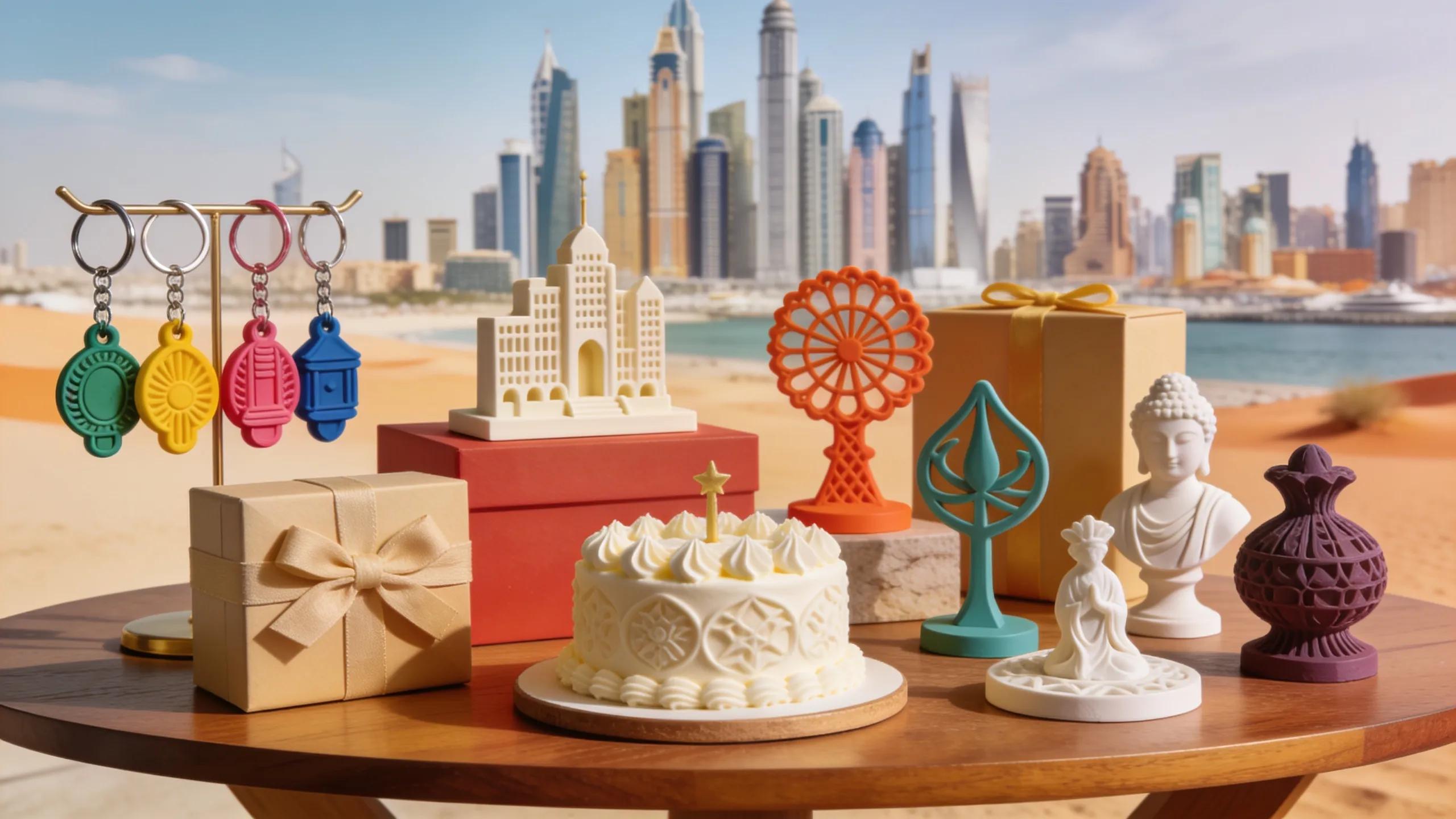 Custom 3D printed keychains and cake toppers displayed against a Dubai background, highlighting unique gift personalization