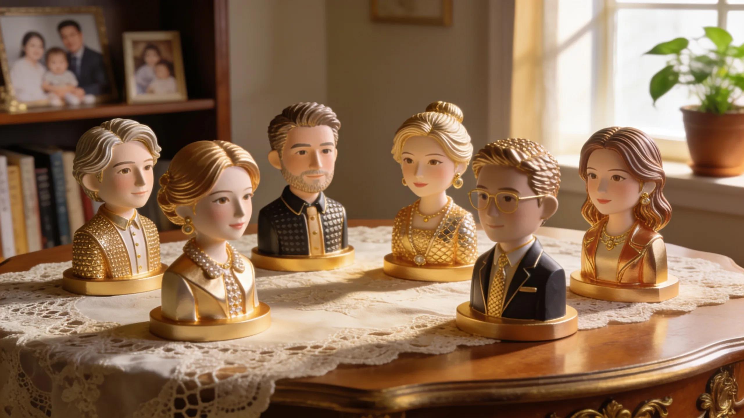 Personalized 3D figurines displayed in a cozy setting, showcasing craftsmanship and unique features