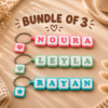 Bundle of 3 personalized name clicker keychains with colorful beaded letters and heart charms, custom made by Forjolie.dxb