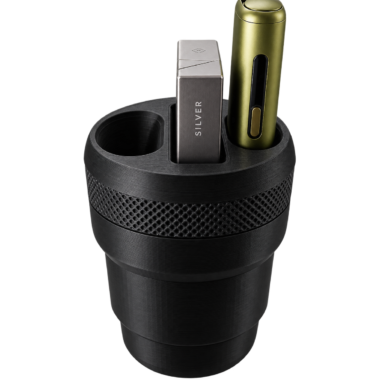 Black 3D printed car cup holder insert for IQOS device, close-up view - Forjolie.dxb