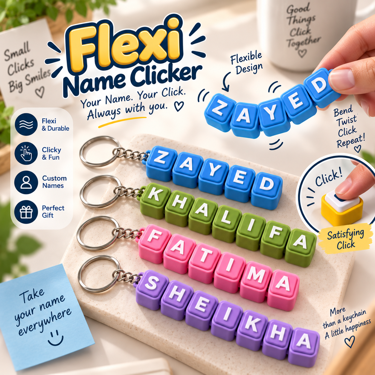 Flexi name clicker keychains with colorful letter blocks spelling custom names, bendable and clicky design by Forjolie.dxb