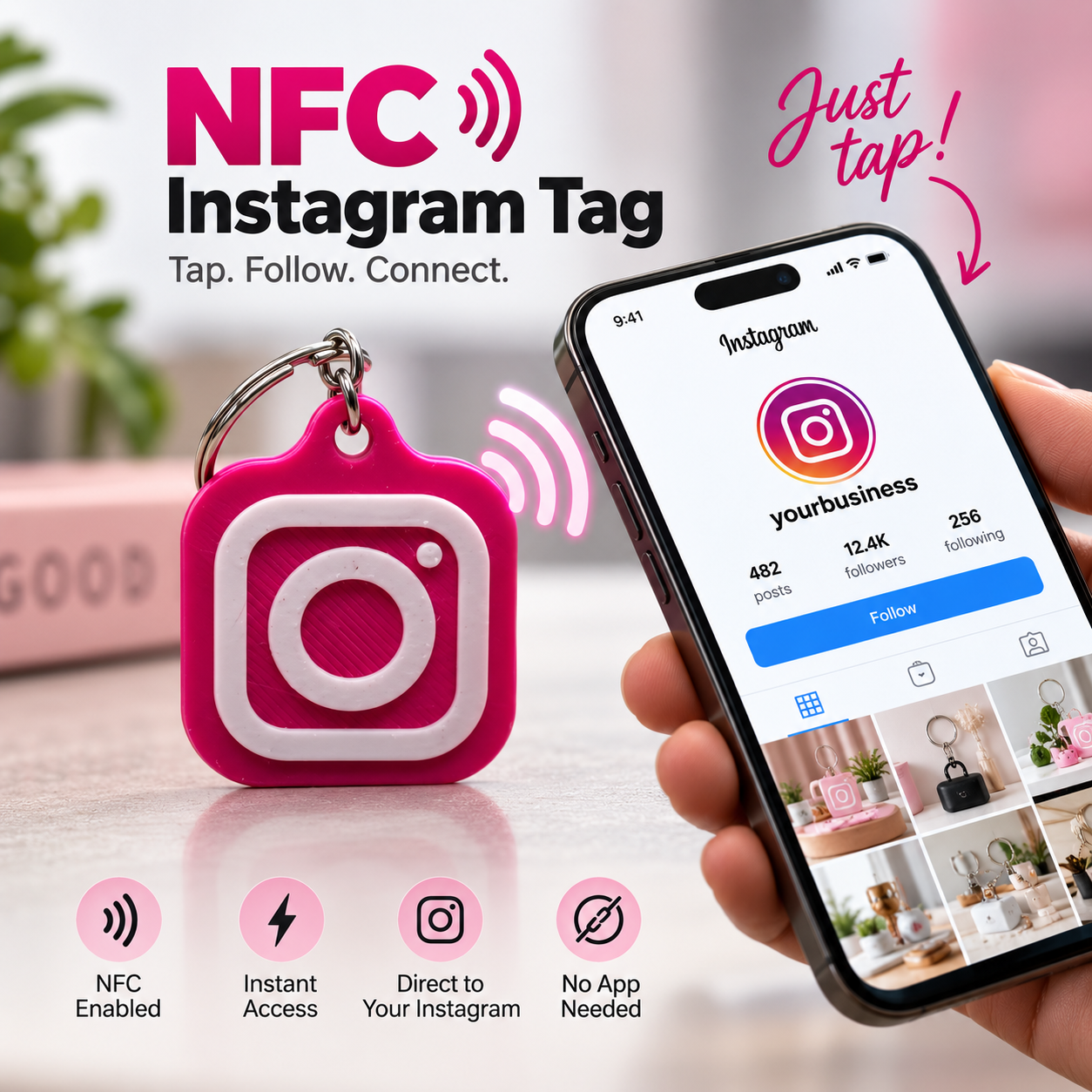 Close-up of a pink NFC Instagram Tag Keychain displayed next to a smartphone showing an