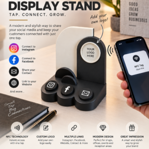 Black NFC social media display stand with phone tapping to connect to Instagram, Facebook and contact links - Forjolie.dxb