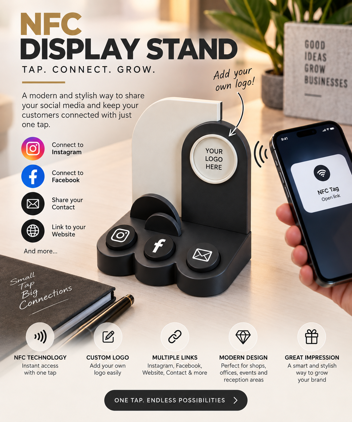 Black NFC social media display stand with phone tapping to connect to Instagram, Facebook and contact links - Forjolie.dxb