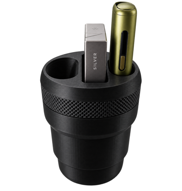 3D printed IQOS car holder in black, showcasing compartments for the device and HEETS/TEREA packs,